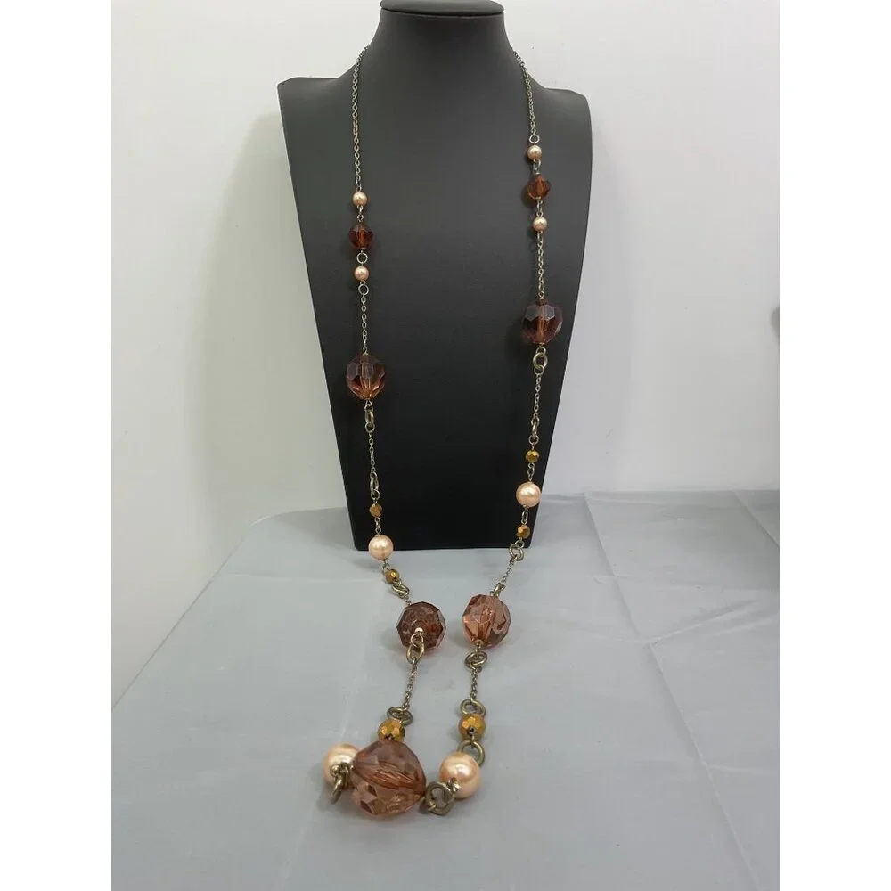 Long Beaded Necklace With Large Amber Colored & Pearl-Like Beads